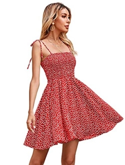 Women's Polka Dot Shirred Flare Mini Dress Tie Shoulder Sleeveless Skater Short Dresses