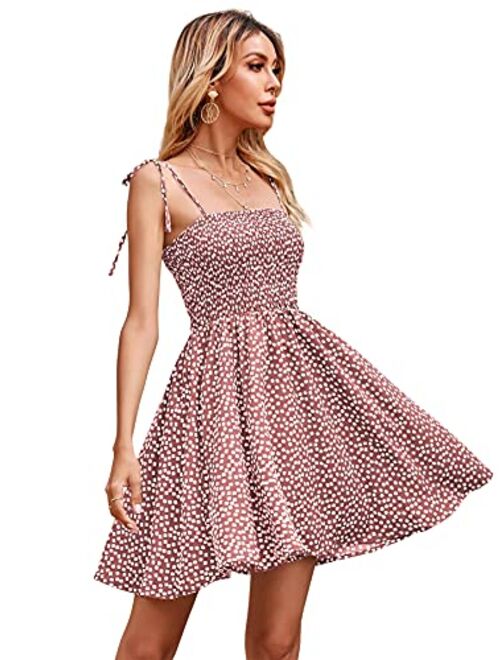 SheIn Women's Polka Dot Shirred Flare Mini Dress Tie Shoulder Sleeveless Skater Short Dresses