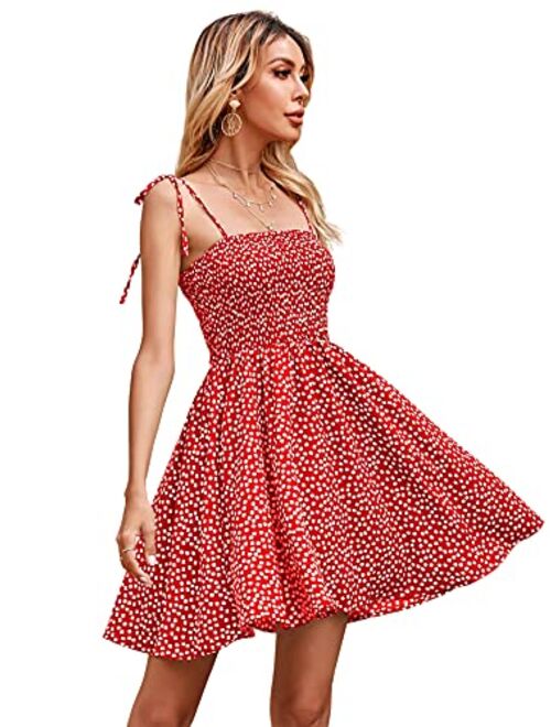 SheIn Women's Polka Dot Shirred Flare Mini Dress Tie Shoulder Sleeveless Skater Short Dresses