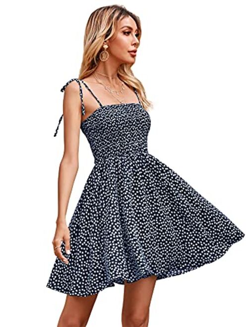 SheIn Women's Polka Dot Shirred Flare Mini Dress Tie Shoulder Sleeveless Skater Short Dresses