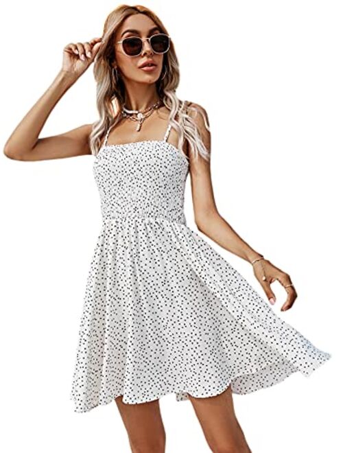 SheIn Women's Polka Dot Shirred Flare Mini Dress Tie Shoulder Sleeveless Skater Short Dresses