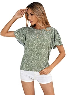 Women's Summer Floral Print Round Neck Short Sleeve Blouse Tops