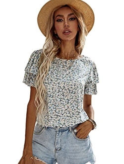 Women's Summer Floral Print Round Neck Short Sleeve Blouse Tops