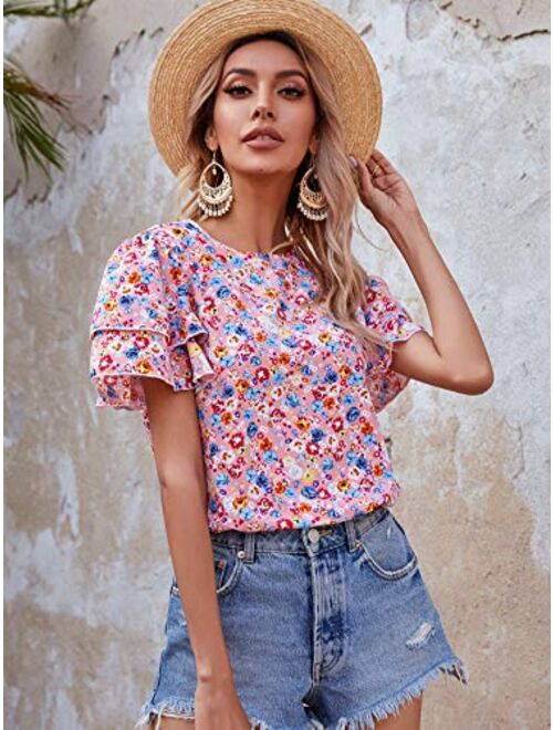 Floerns Women's Summer Floral Print Round Neck Short Sleeve Blouse Tops