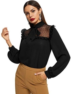 Women's Long Sleeve Bow Tie Mesh Chiffon Ruffle Blouse Top