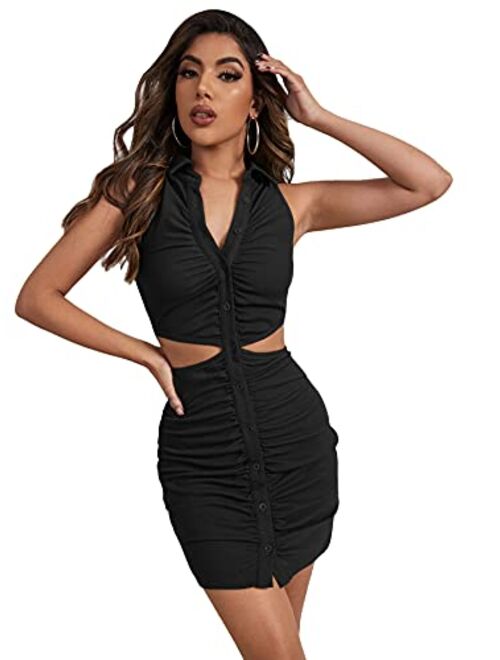 SheIn Women's Sleeveless Collar V Neck Cutout Ruched Button Polo Bodycon Dress