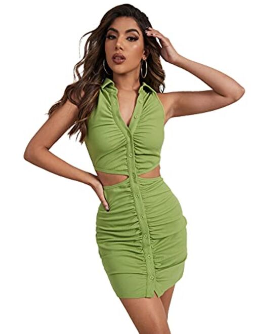 SheIn Women's Sleeveless Collar V Neck Cutout Ruched Button Polo Bodycon Dress