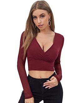 Women's Casual Contrast Mesh Sheer V Neck Wrap Long Sleeve Crop Tops