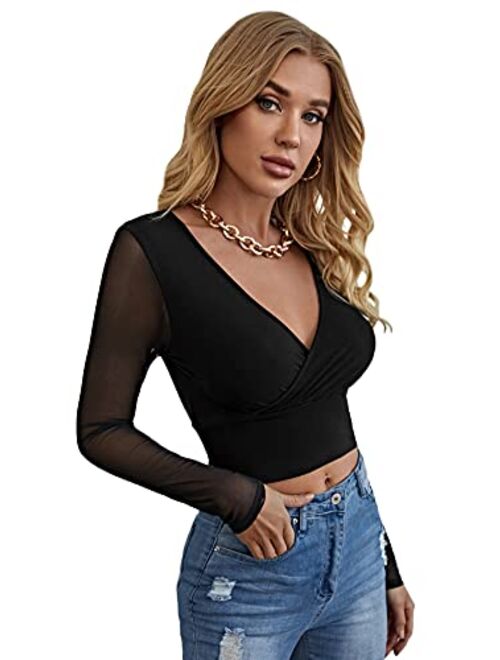 Floerns Women's Casual Contrast Mesh Sheer V Neck Wrap Long Sleeve Crop Tops