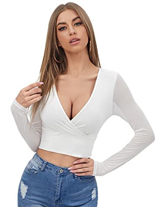 Floerns Women's Casual Contrast Mesh Sheer V Neck Wrap Long Sleeve Crop Tops