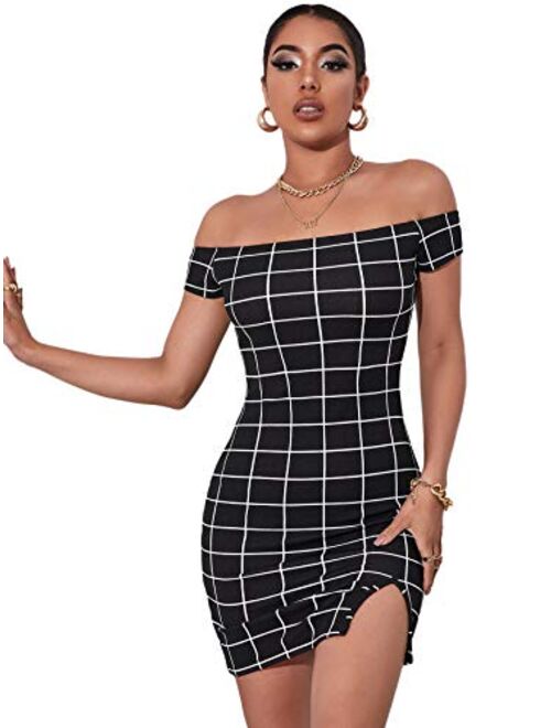 SheIn Women's Plaid Off Shoulder Split Mini Bodycon Dress Short Sleeve Pencil Dresses