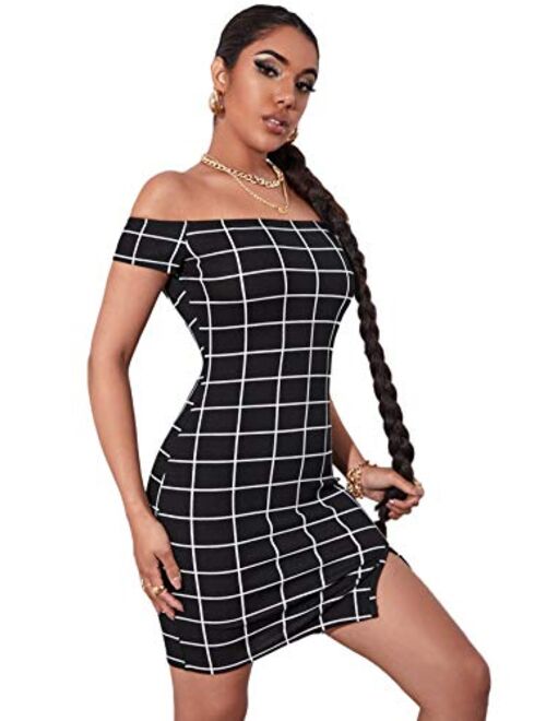 SheIn Women's Plaid Off Shoulder Split Mini Bodycon Dress Short Sleeve Pencil Dresses