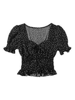 Women's Plus Size Polka Dot Sweetheart Neck Puff Short Sleeve Peplum Crop Top