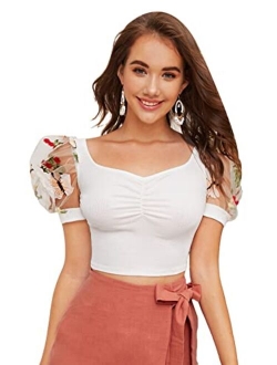 Women's Contrast Mesh Dots Puff Short Sleeve Square Neck Crop Top