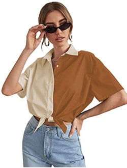 Women's Contrast Short Sleeve Button Down Collar Shirt Blouse Tops