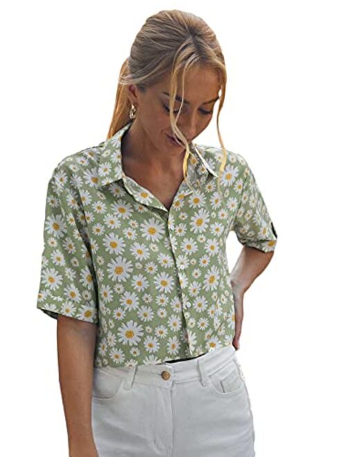 Floerns Women's Contrast Short Sleeve Button Down Collar Shirt Blouse Tops