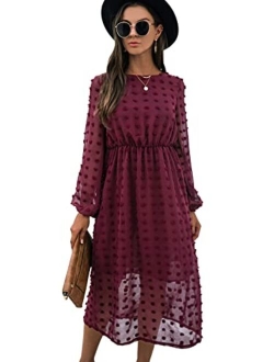 Women's Casual Dresses Long Sleeve High Waist Midi Dress Crewneck A Line Dress Swiss Dot Flowy Dresses