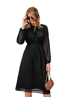 Women's Casual Dresses Long Sleeve High Waist Midi Dress Crewneck A Line Dress Swiss Dot Flowy Dresses