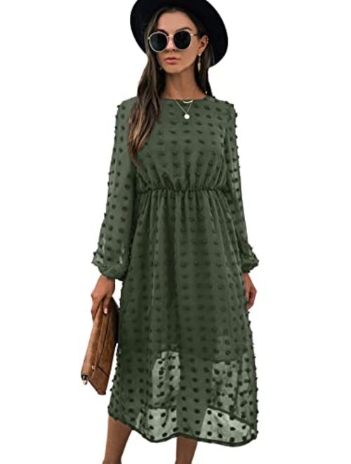 SheIn Women's Casual Dresses Long Sleeve High Waist Midi Dress Crewneck A Line Dress Swiss Dot Flowy Dresses