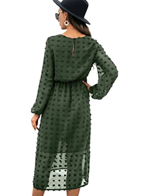 SheIn Women's Casual Dresses Long Sleeve High Waist Midi Dress Crewneck A Line Dress Swiss Dot Flowy Dresses