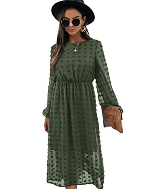 SheIn Women's Casual Dresses Long Sleeve High Waist Midi Dress Crewneck A Line Dress Swiss Dot Flowy Dresses