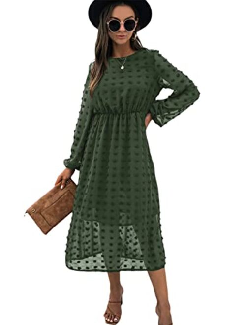 SheIn Women's Casual Dresses Long Sleeve High Waist Midi Dress Crewneck A Line Dress Swiss Dot Flowy Dresses