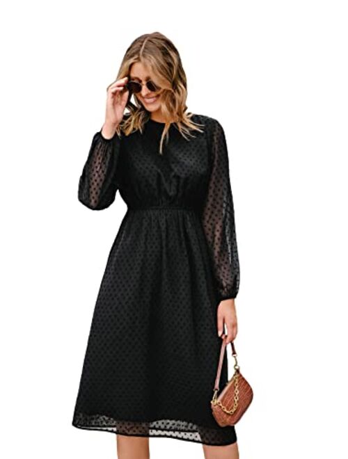 SheIn Women's Casual Dresses Long Sleeve High Waist Midi Dress Crewneck A Line Dress Swiss Dot Flowy Dresses