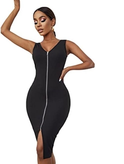 Women's Backless Zip Up Split Midi Bodycon Dress Round Neck Long Sleeve Solid Pencil Dresses