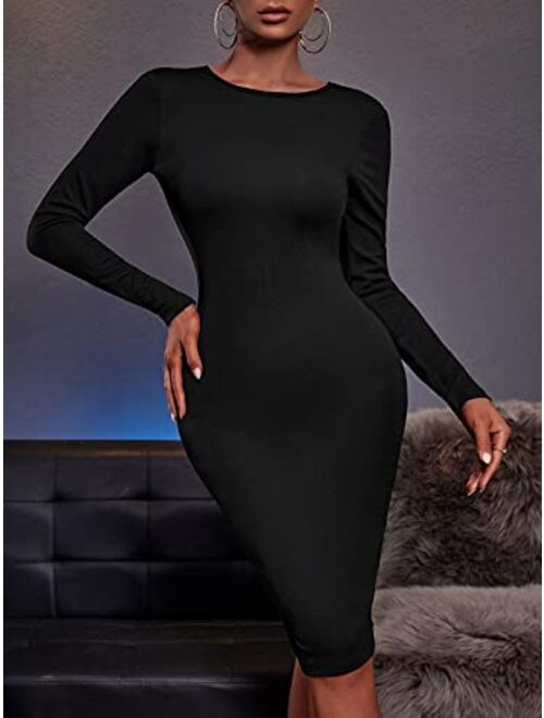 SheIn Women's Backless Zip Up Split Midi Bodycon Dress Round Neck Long Sleeve Solid Pencil Dresses