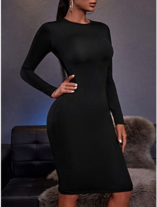 SheIn Women's Backless Zip Up Split Midi Bodycon Dress Round Neck Long Sleeve Solid Pencil Dresses