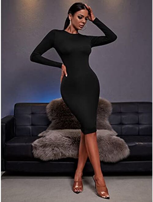 SheIn Women's Backless Zip Up Split Midi Bodycon Dress Round Neck Long Sleeve Solid Pencil Dresses