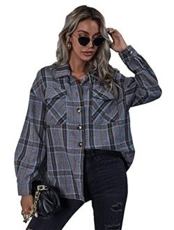 Women's Casual Plaid Long Sleeve Button Front Collar Blouses Shirts Top