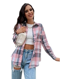 Women's Casual Plaid Long Sleeve Button Front Collar Blouses Shirts Top