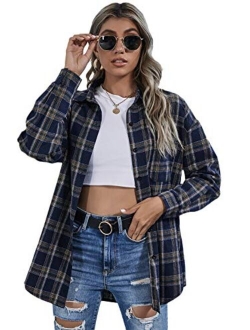 Women's Casual Plaid Long Sleeve Button Front Collar Blouses Shirts Top