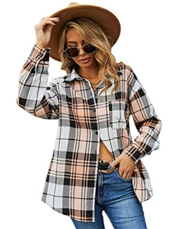 Women's Casual Plaid Long Sleeve Button Front Collar Blouses Shirts Top