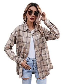 Women's Casual Plaid Long Sleeve Button Front Collar Blouses Shirts Top