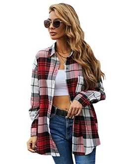 Women's Casual Plaid Long Sleeve Button Front Collar Blouses Shirts Top