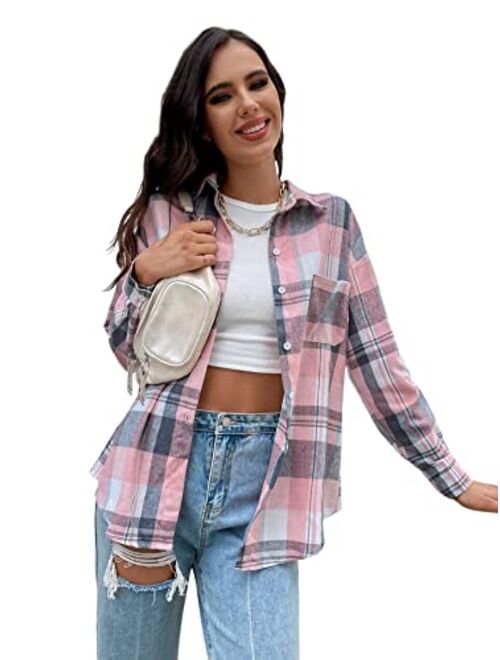 Floerns Women's Casual Plaid Long Sleeve Button Front Collar Blouses Shirts Top