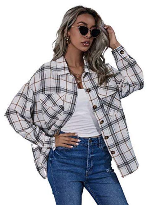 Floerns Women's Casual Plaid Long Sleeve Button Front Collar Blouses Shirts Top