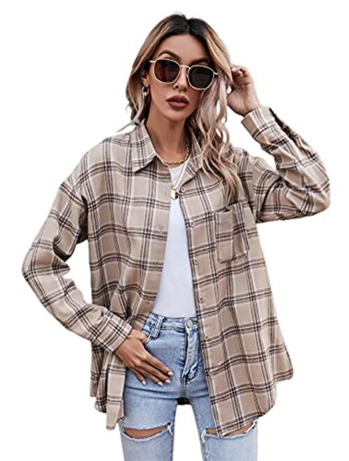 Floerns Women's Casual Plaid Long Sleeve Button Front Collar Blouses Shirts Top