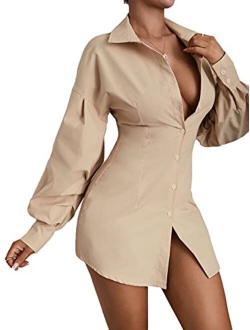 Women's Pleated Long Sleeve Mini T Shirt Dress Lapel Collar Button Flared Short Dresses