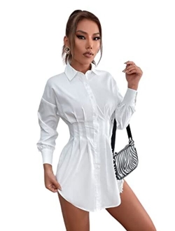 Women's Pleated Long Sleeve Mini T Shirt Dress Lapel Collar Button Flared Short Dresses