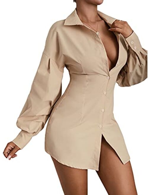 SheIn Women's Pleated Long Sleeve Mini T Shirt Dress Lapel Collar Button Flared Short Dresses