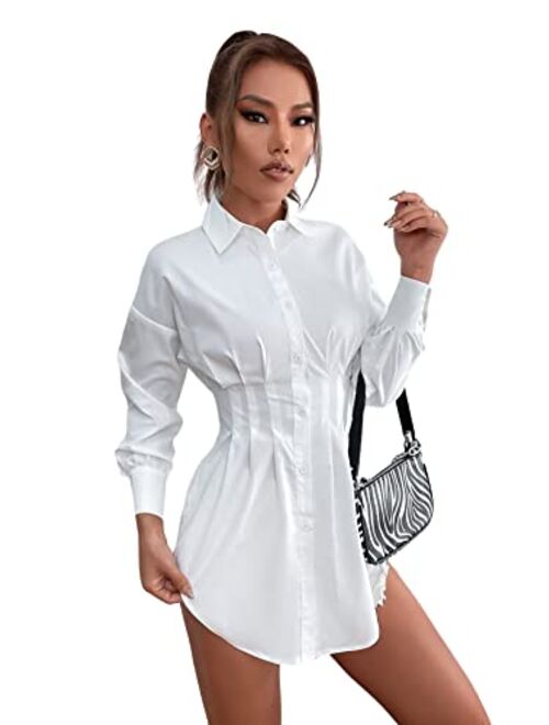 SheIn Women's Pleated Long Sleeve Mini T Shirt Dress Lapel Collar Button Flared Short Dresses