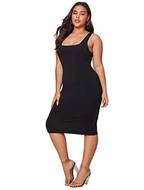 SheIn Women's Plus Sleeveless Square Neck Bodycon Pencil Solid Midi Tank Dress