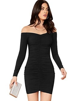 Women's Off Shoulder Long Sleeve Ruched Bodycon Pencil Short Mini Dress