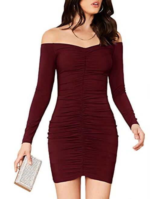 SheIn Women's Off Shoulder Long Sleeve Ruched Bodycon Pencil Short Mini Dress