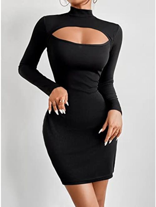 SheIn Women's Sexy Mock Neck Long Sleeve Cut Out Bodycon Mini Dress