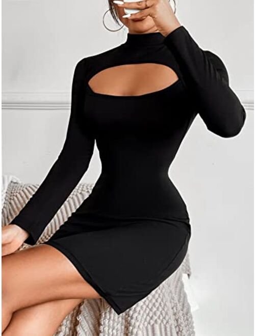 SheIn Women's Sexy Mock Neck Long Sleeve Cut Out Bodycon Mini Dress