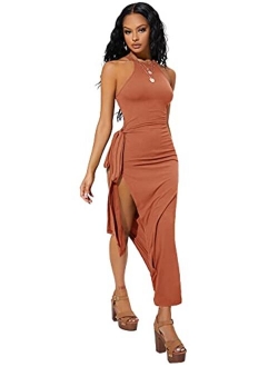 Women's Sexy Sleeveless Halter Neck Side Slit Tie Knot Bodycon Long Dresses